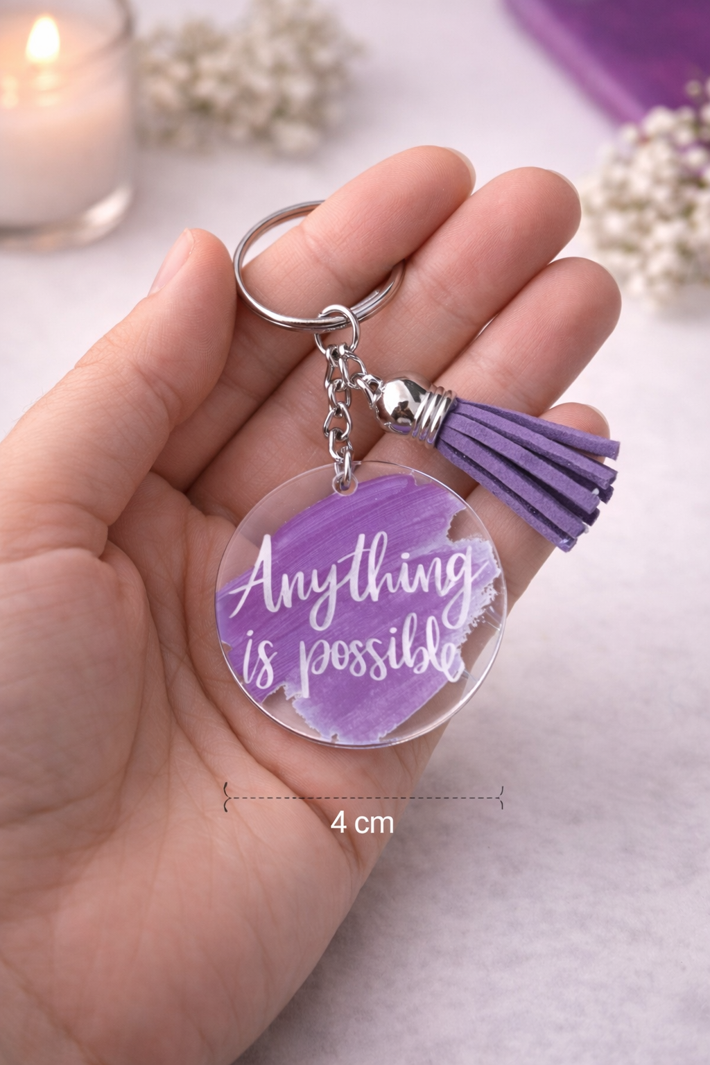 Schlüsselanhänger- "Anything is possible" Acryl Anhänger mit Quaste