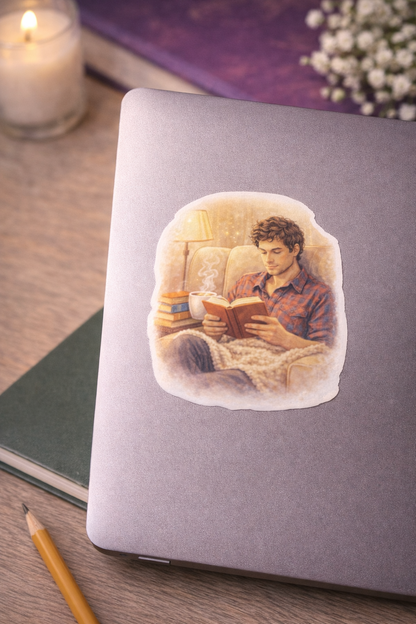 Cozy Reading Boy Sticker – süßer Vinyl Aufkleber mit Buch & gemütlicher Szene