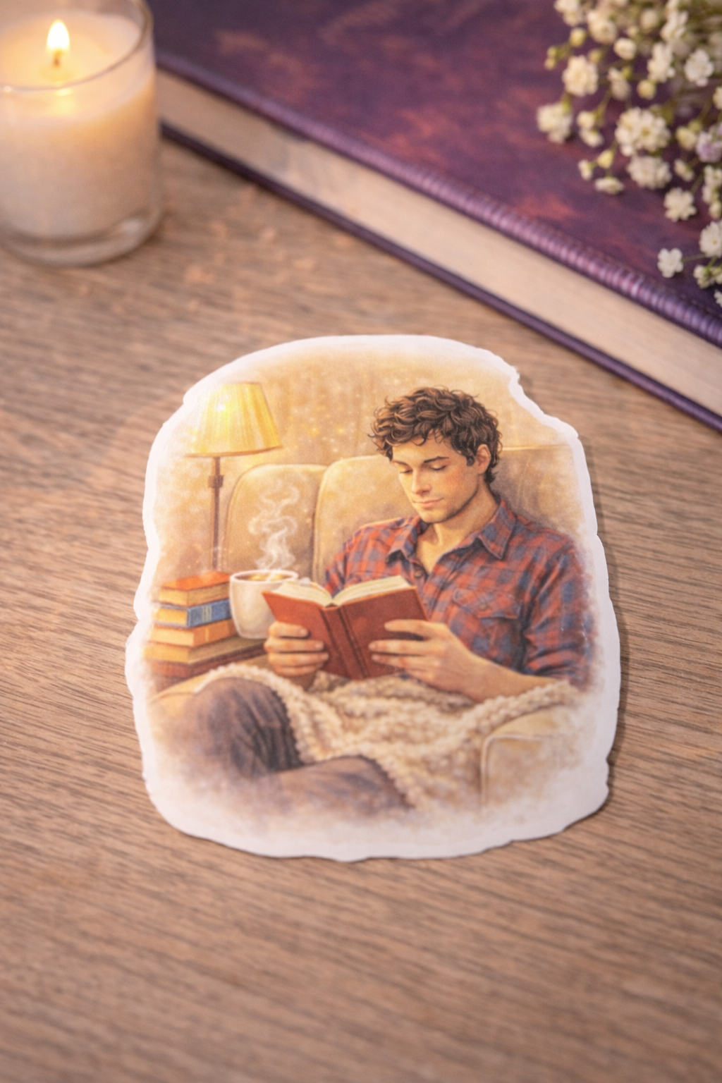 Cozy Reading Boy Sticker – süßer Vinyl Aufkleber mit Buch & gemütlicher Szene
