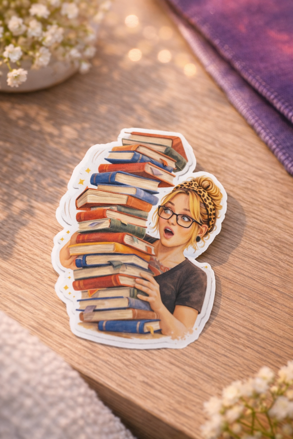 Book Stack Girl Sticker – süßer Vinyl Aufkleber mit Bücherstapel & Brille