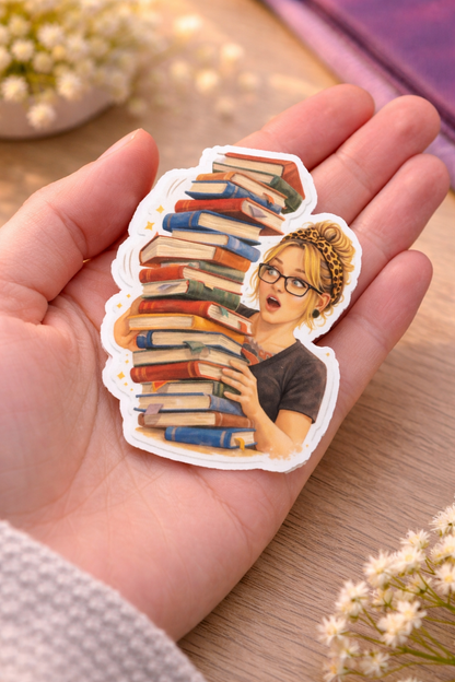 Book Stack Girl Sticker – süßer Vinyl Aufkleber mit Bücherstapel & Brille
