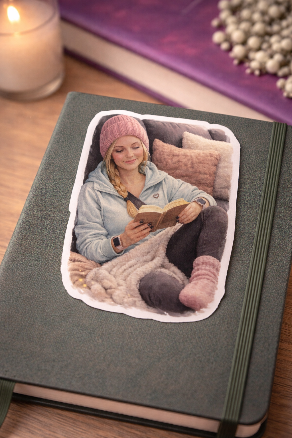 Cozy Reading Girl Sticker – süßer Vinyl Aufkleber mit Buch & Wohlfühlmoment
