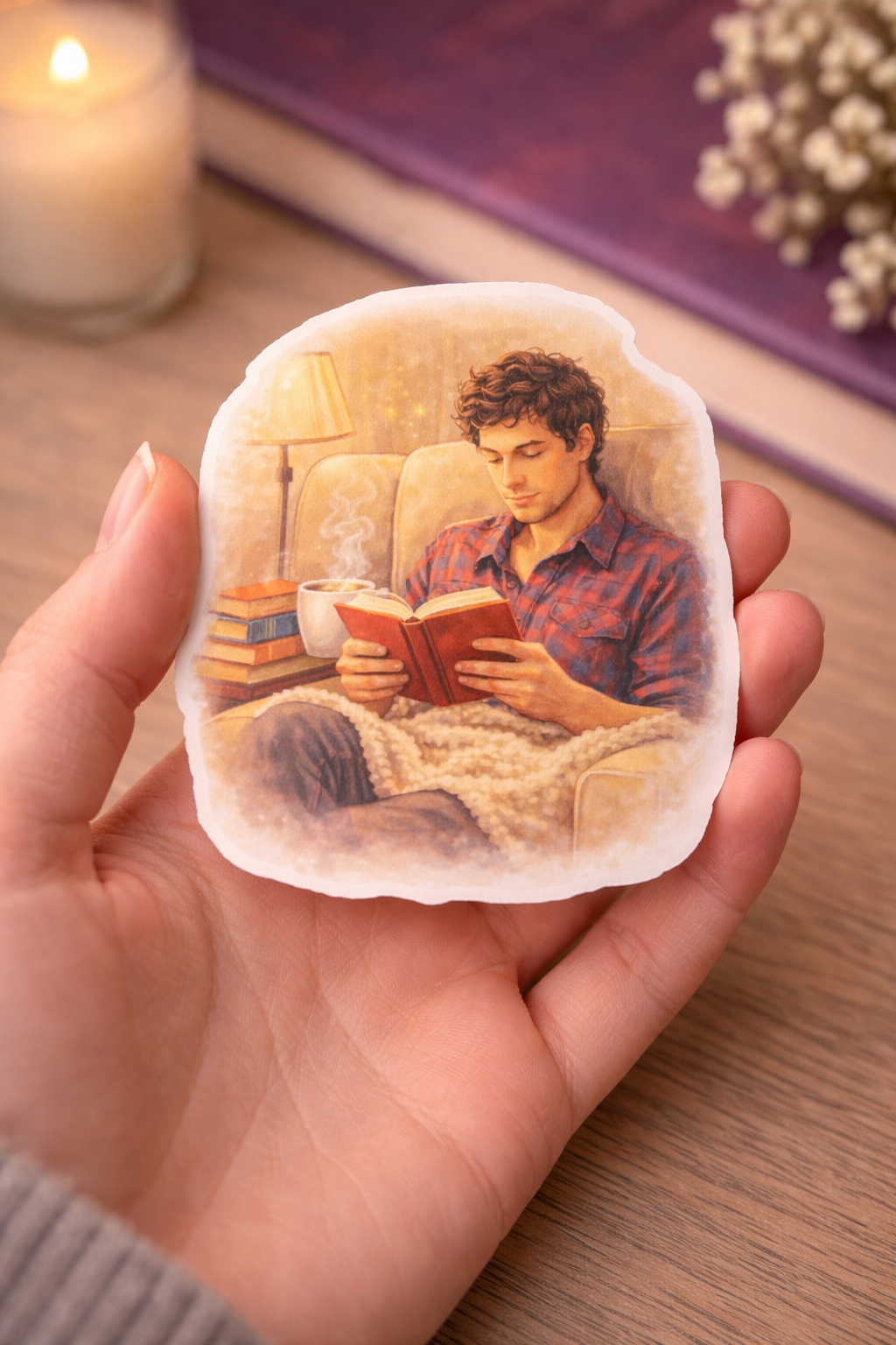 Cozy Reading Boy Sticker – süßer Vinyl Aufkleber mit Buch & gemütlicher Szene
