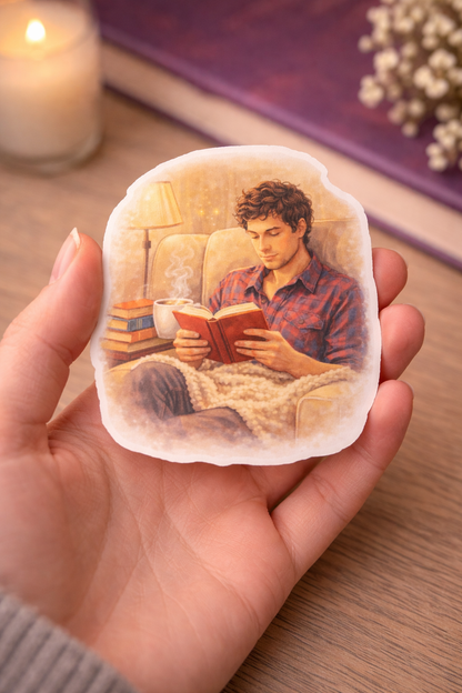 Cozy Reading Boy Sticker – süßer Vinyl Aufkleber mit Buch & gemütlicher Szene