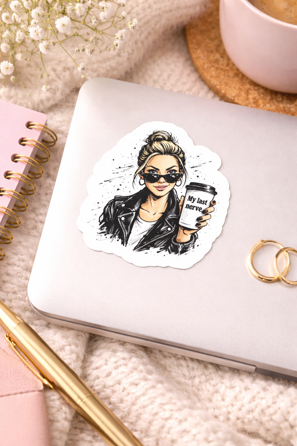 Lustiger Coffee Sticker „My Last Nerve“ – Fashion Girl | Laptop Aufkleber 5 cm