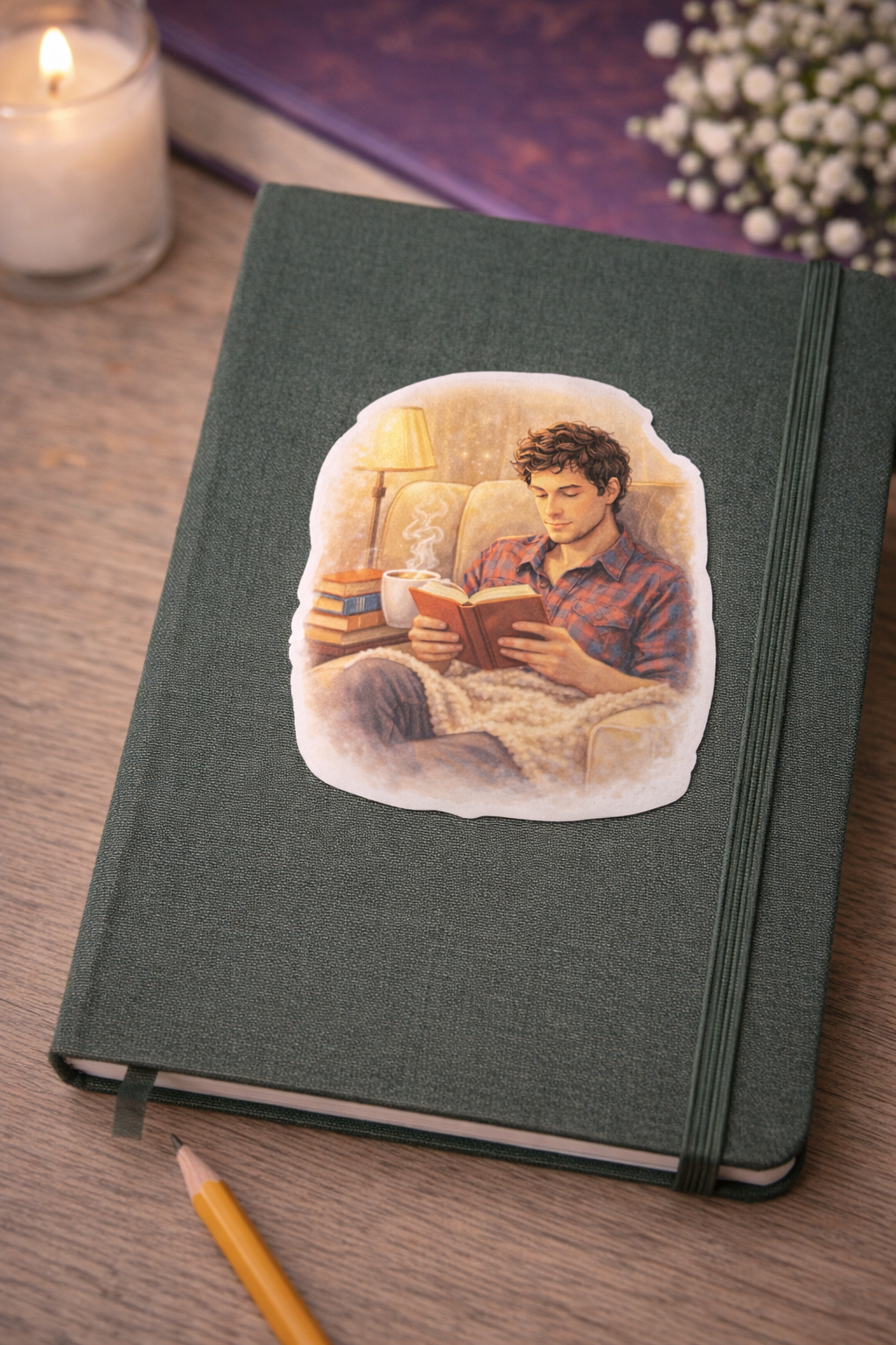 Cozy Reading Boy Sticker – süßer Vinyl Aufkleber mit Buch & gemütlicher Szene
