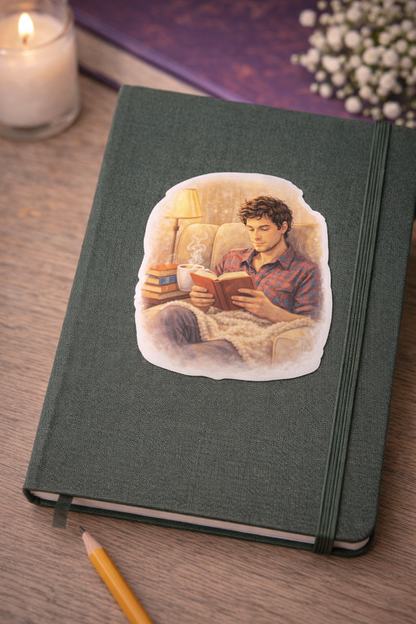 Cozy Reading Boy Sticker – süßer Vinyl Aufkleber mit Buch & gemütlicher Szene