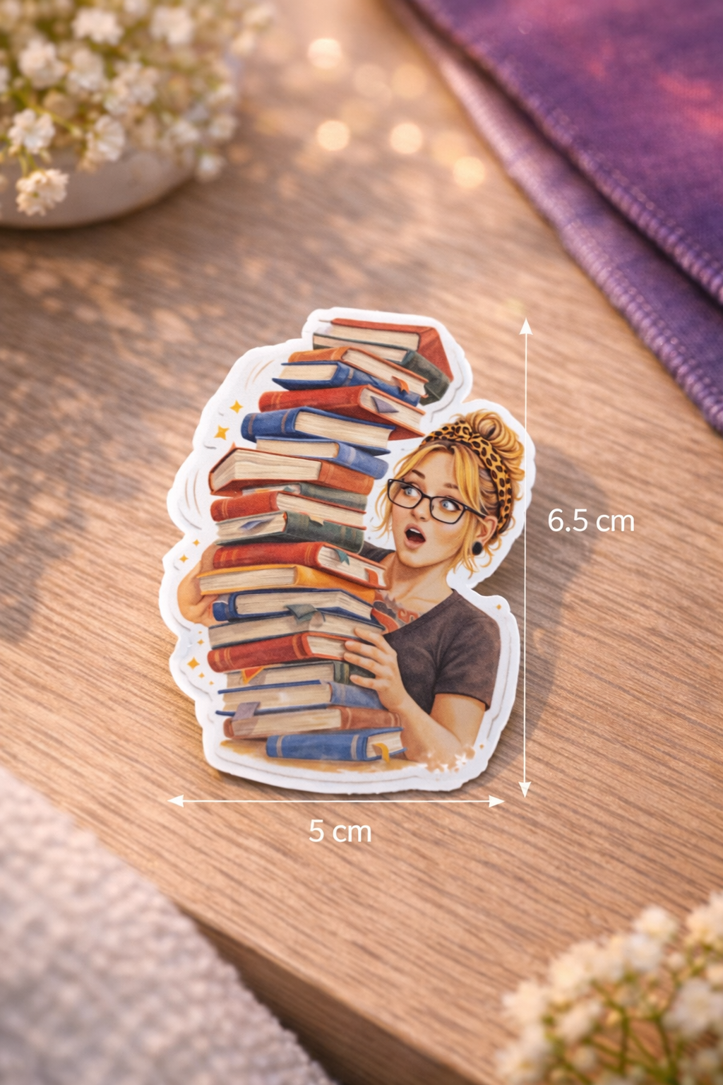 Book Stack Girl Sticker – süßer Vinyl Aufkleber mit Bücherstapel & Brille