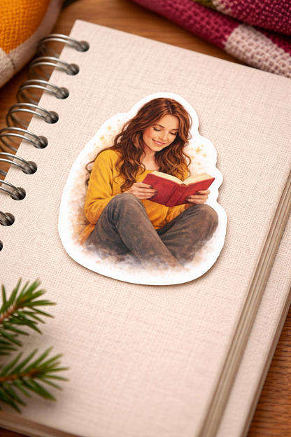 Cozy Reading Sticker – süßer Vinyl Aufkleber mit lesender Frau & Buch