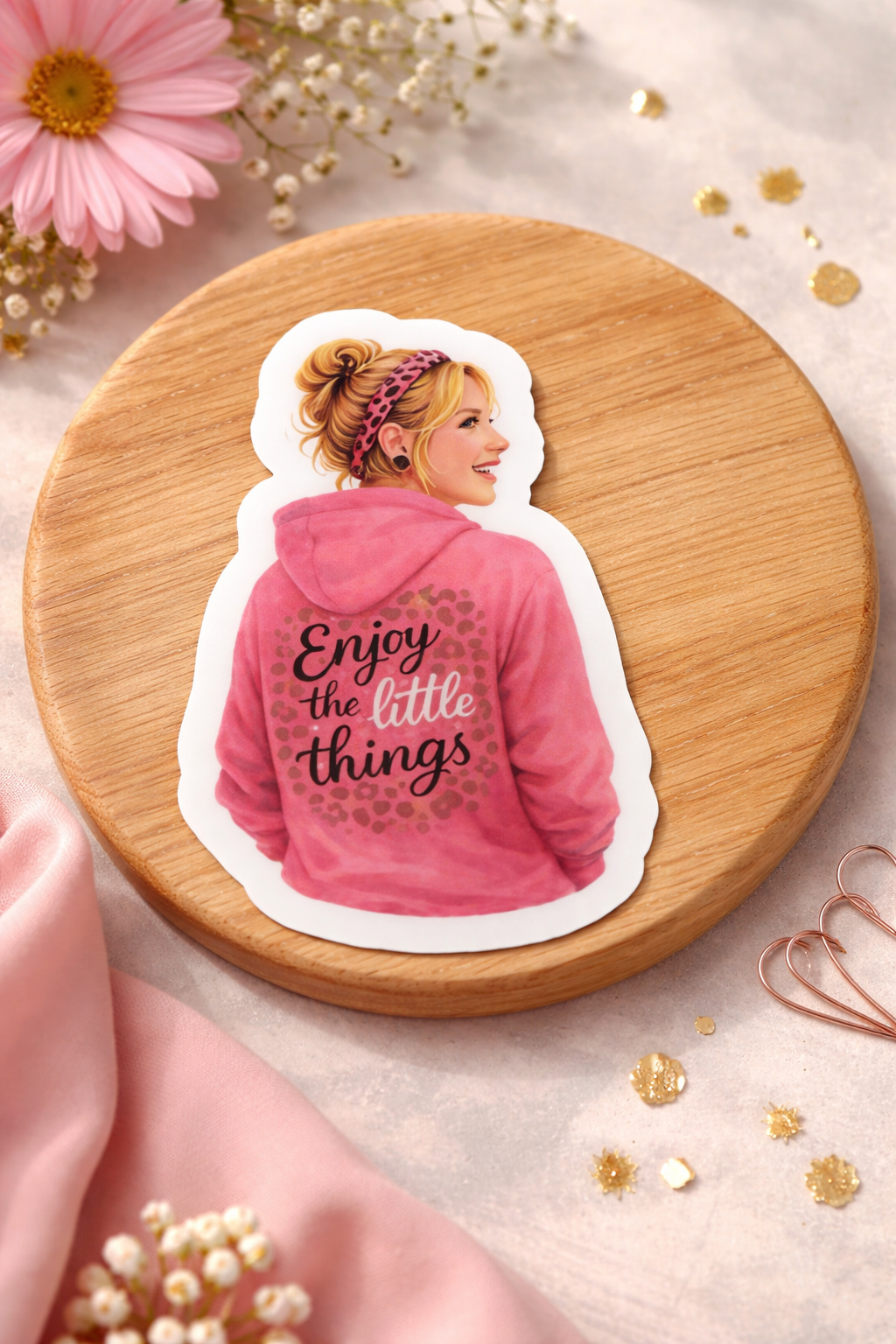 Enjoy the little things Sticker – süßer Vinyl Aufkleber mit pinken Hoodie