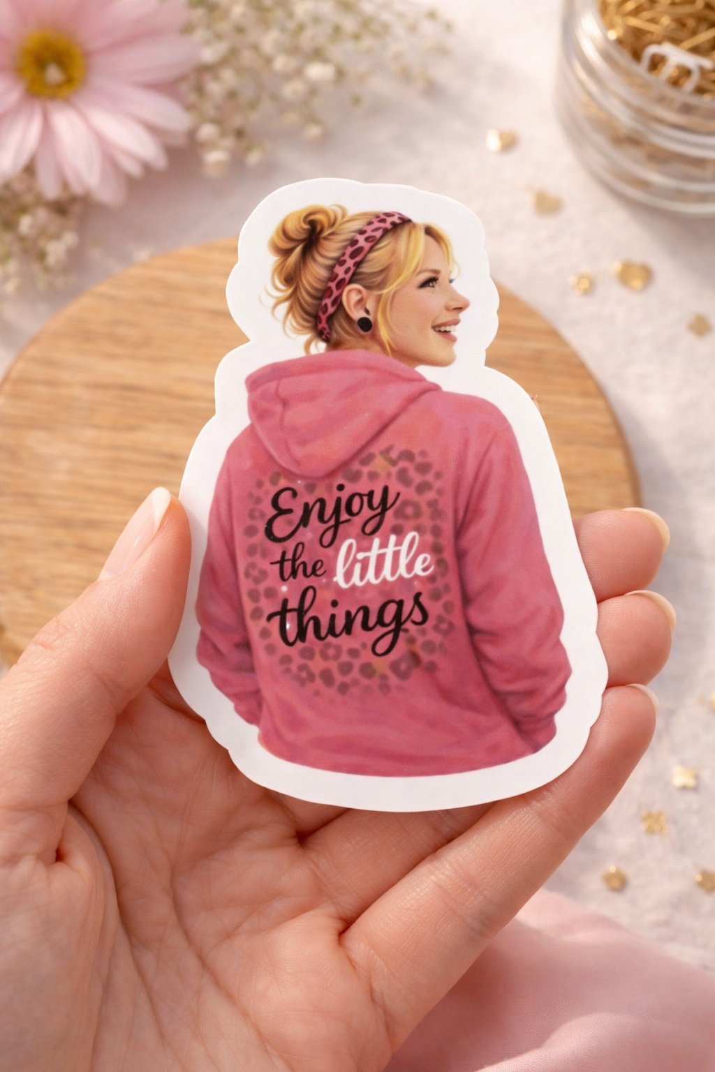 Enjoy the little things Sticker – süßer Vinyl Aufkleber mit pinken Hoodie