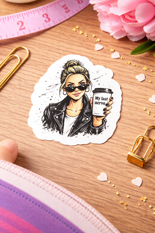 Lustiger Coffee Sticker „My Last Nerve“ – Fashion Girl | Laptop Aufkleber 5 cm