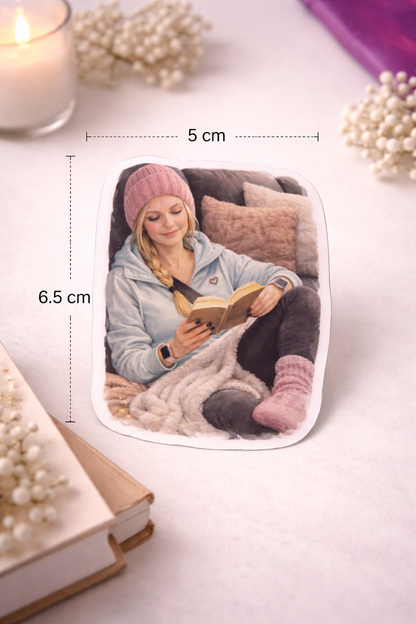 Cozy Reading Girl Sticker – süßer Vinyl Aufkleber mit Buch & Wohlfühlmoment
