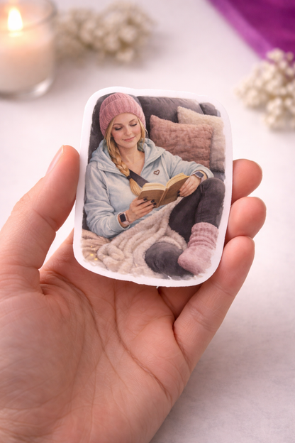 Cozy Reading Girl Sticker – süßer Vinyl Aufkleber mit Buch & Wohlfühlmoment