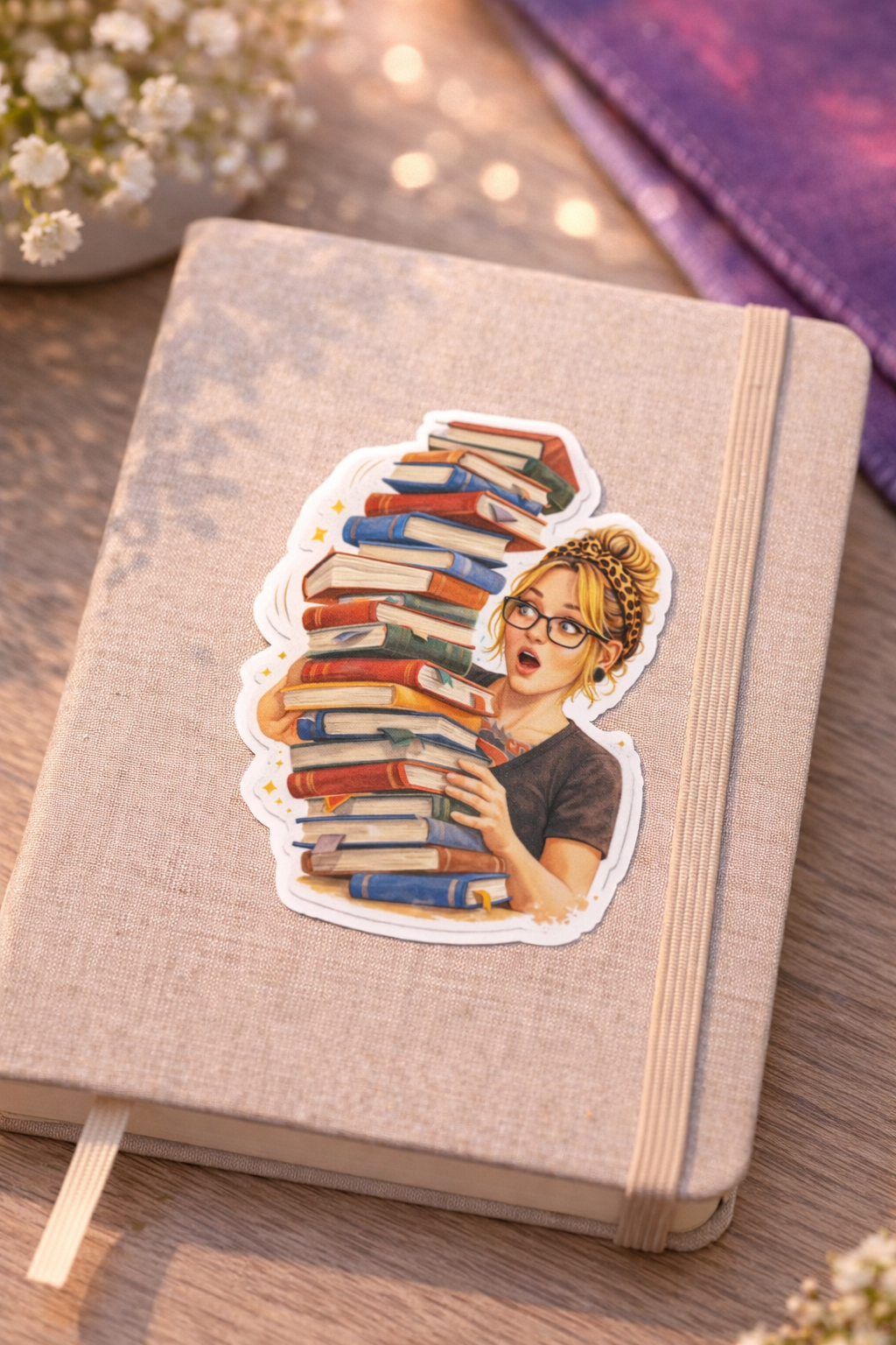 Book Stack Girl Sticker – süßer Vinyl Aufkleber mit Bücherstapel & Brille