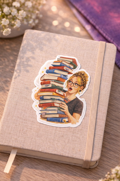 Book Stack Girl Sticker – süßer Vinyl Aufkleber mit Bücherstapel & Brille