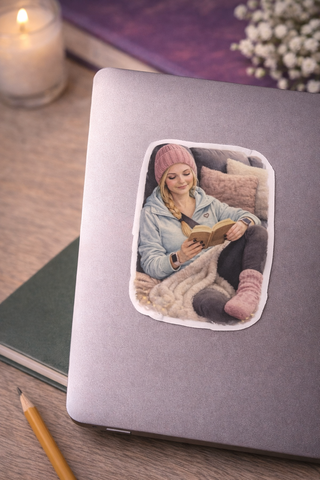 Cozy Reading Girl Sticker – süßer Vinyl Aufkleber mit Buch & Wohlfühlmoment